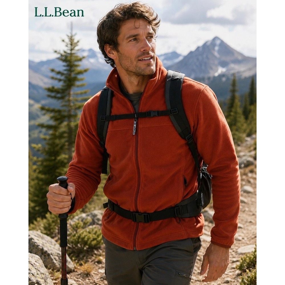 LL Bean Fleece Jacket Mens Large Burnt Orange Full Zip Mock Neck Outdoor